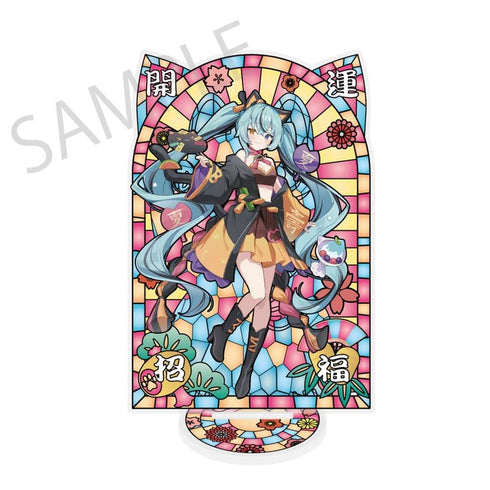 『初音ミク×招き猫×真夏の熊谷』ステンドグラス風素材加工アクリルスタンド 初音ミク 黒猫 Art by イコモチ