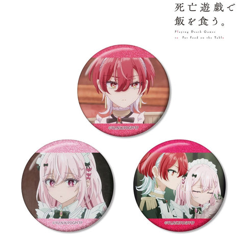 "Making a Living from Death Games." Benino & Momono Scene-Themed Glitter Pin Set (3-Piece Set)