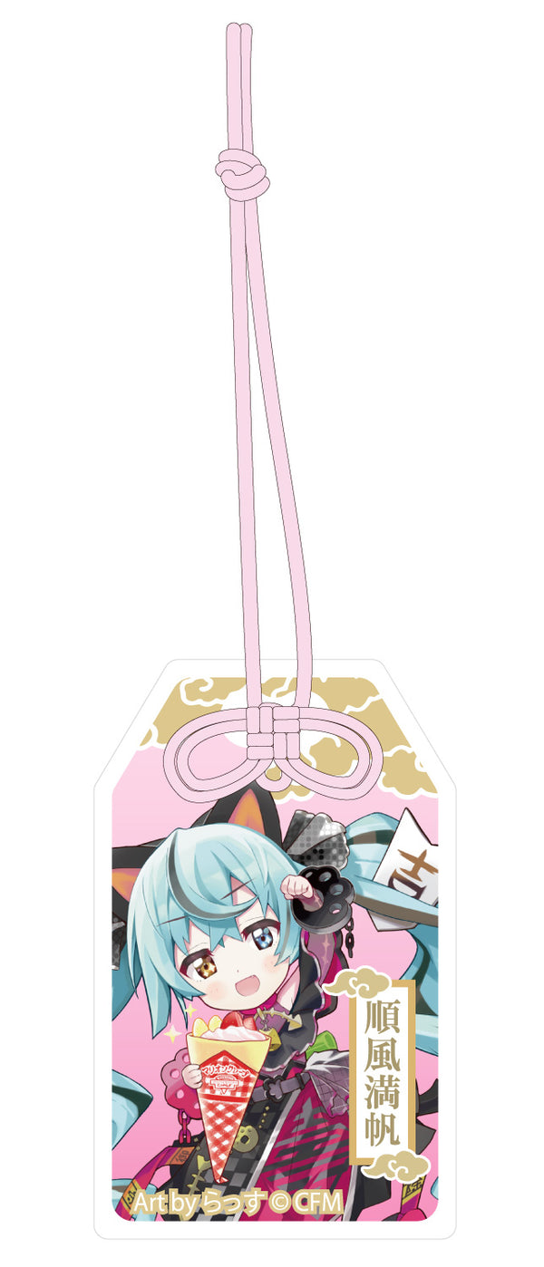 『初音ミク×招き猫』ご利益別御守風アクリルキーホルダー Art by らっす 黒猫 立ち左手あげ クレープ