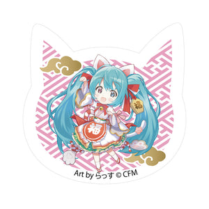 『初音ミク×招き猫』猫型アクリルマグネット Art by らっす 白猫 立ち右手あげ