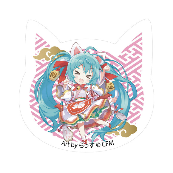 『初音ミク×招き猫』猫型アクリルマグネット Art by らっす 白猫 立ち左手あげ