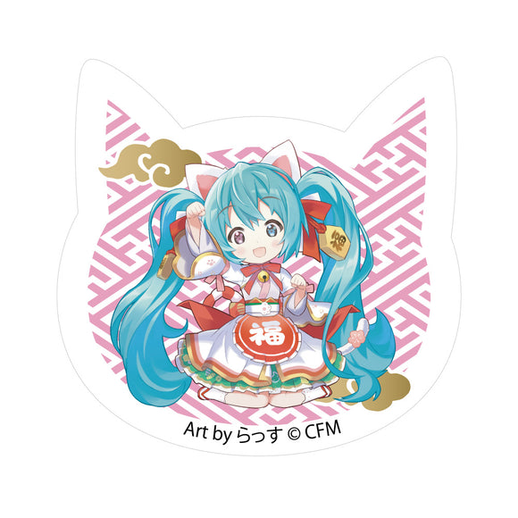 『初音ミク×招き猫』猫型アクリルマグネット Art by らっす 白猫 座り右手あげ